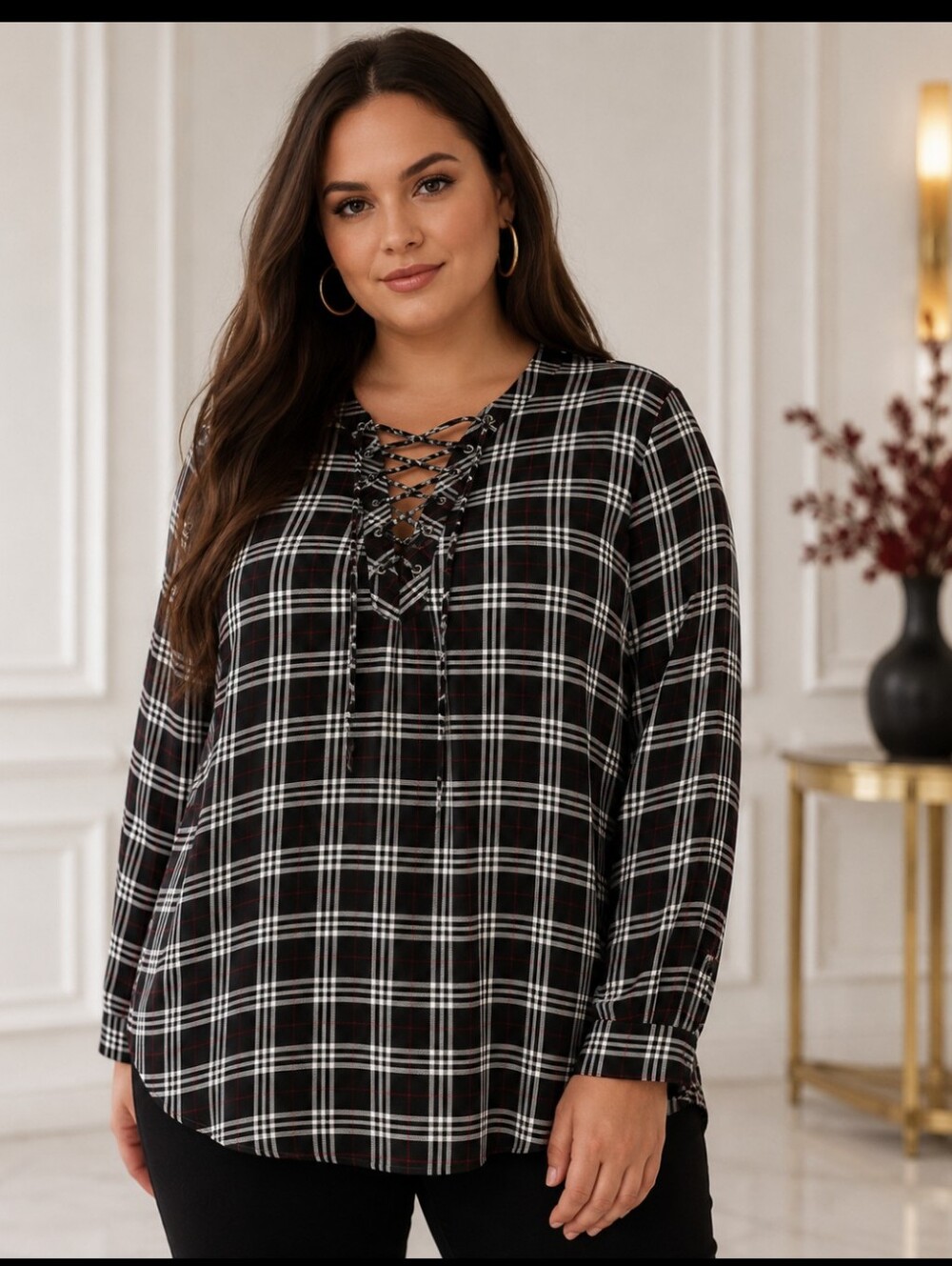 TORRID - Size 3 - Black, White And Red Plaid Lace-Up Long Sleeve Top